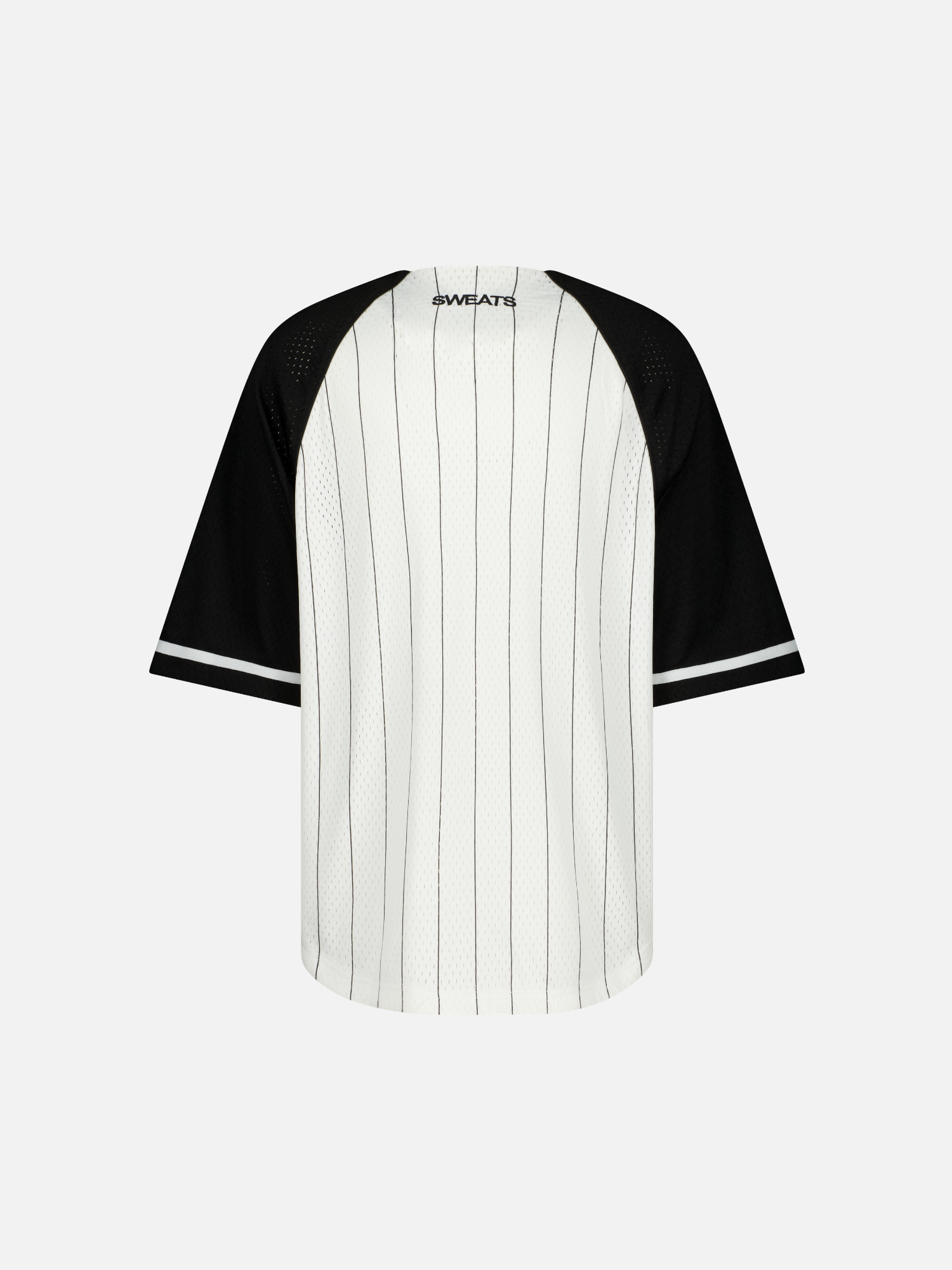 Back view of a Sweats UK pinstripe baseball jersey showcasing the classic pinstripe pattern and athletic fit.