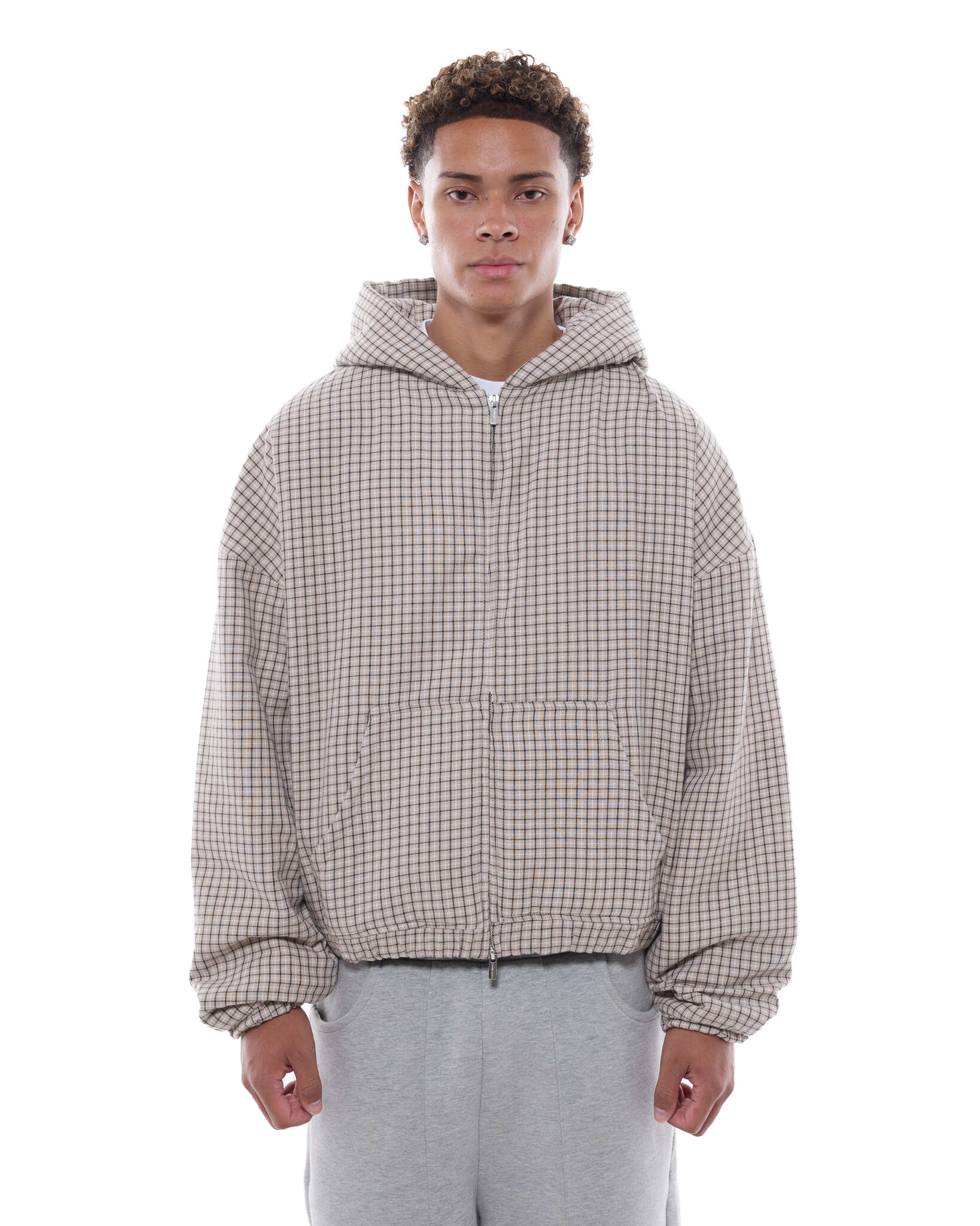 CHECKERED ZIP UP - CREAM/BLACK - Sweats UK