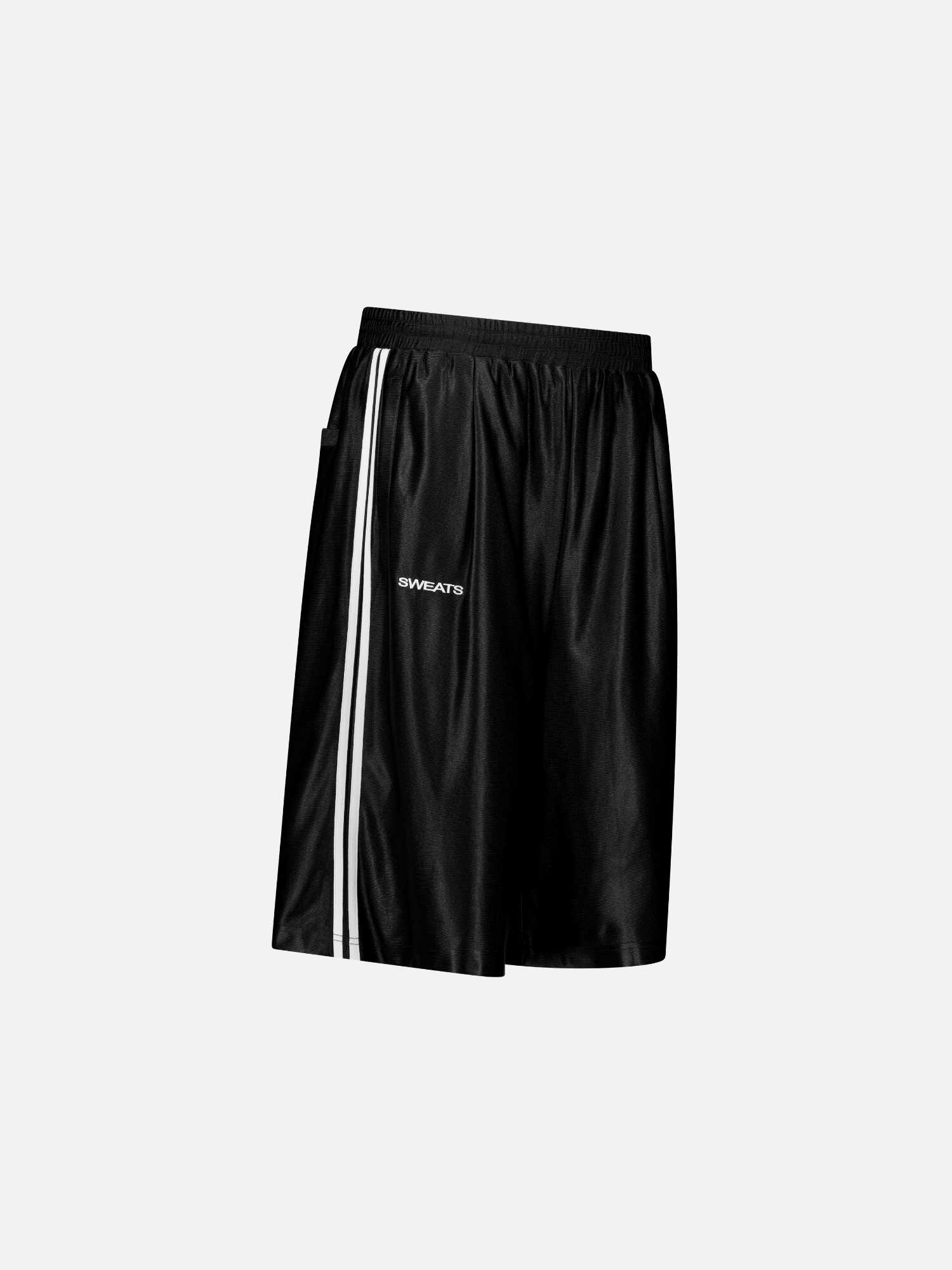 Black League Shorts by Sweats UK, showing side view with comfortable elastic waistband and sporty design.