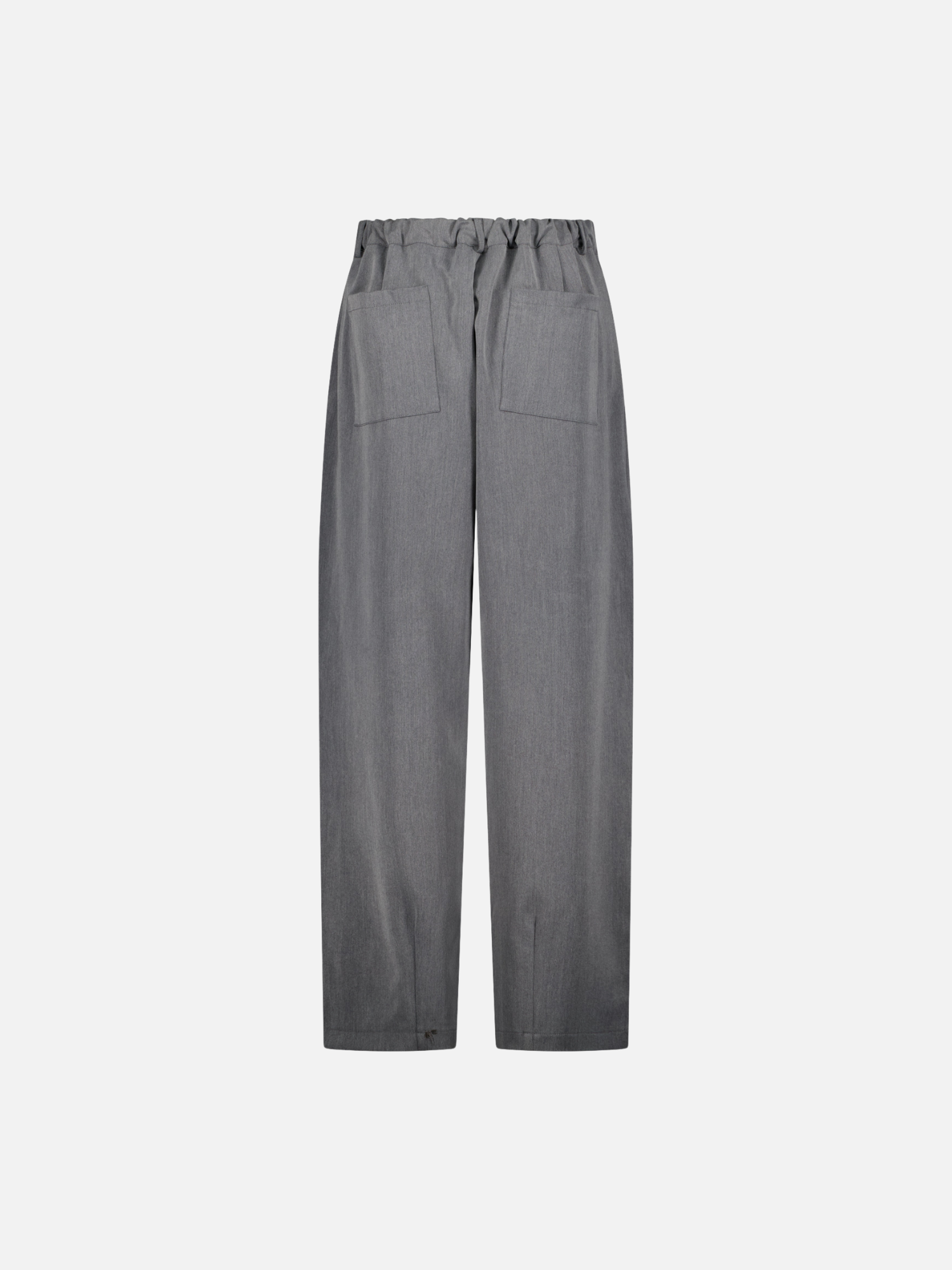 Back view of grey pleated pants by Sweats UK, showcasing tailored design and comfortable fit.