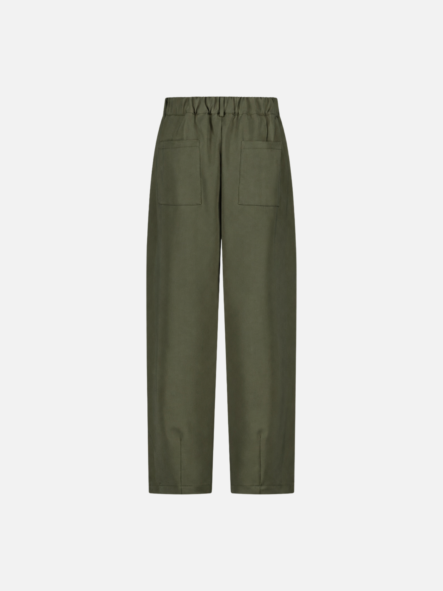 Back view of olive pleated pant by Sweats UK, showcasing tailored pleats and relaxed fit in soft fabric.