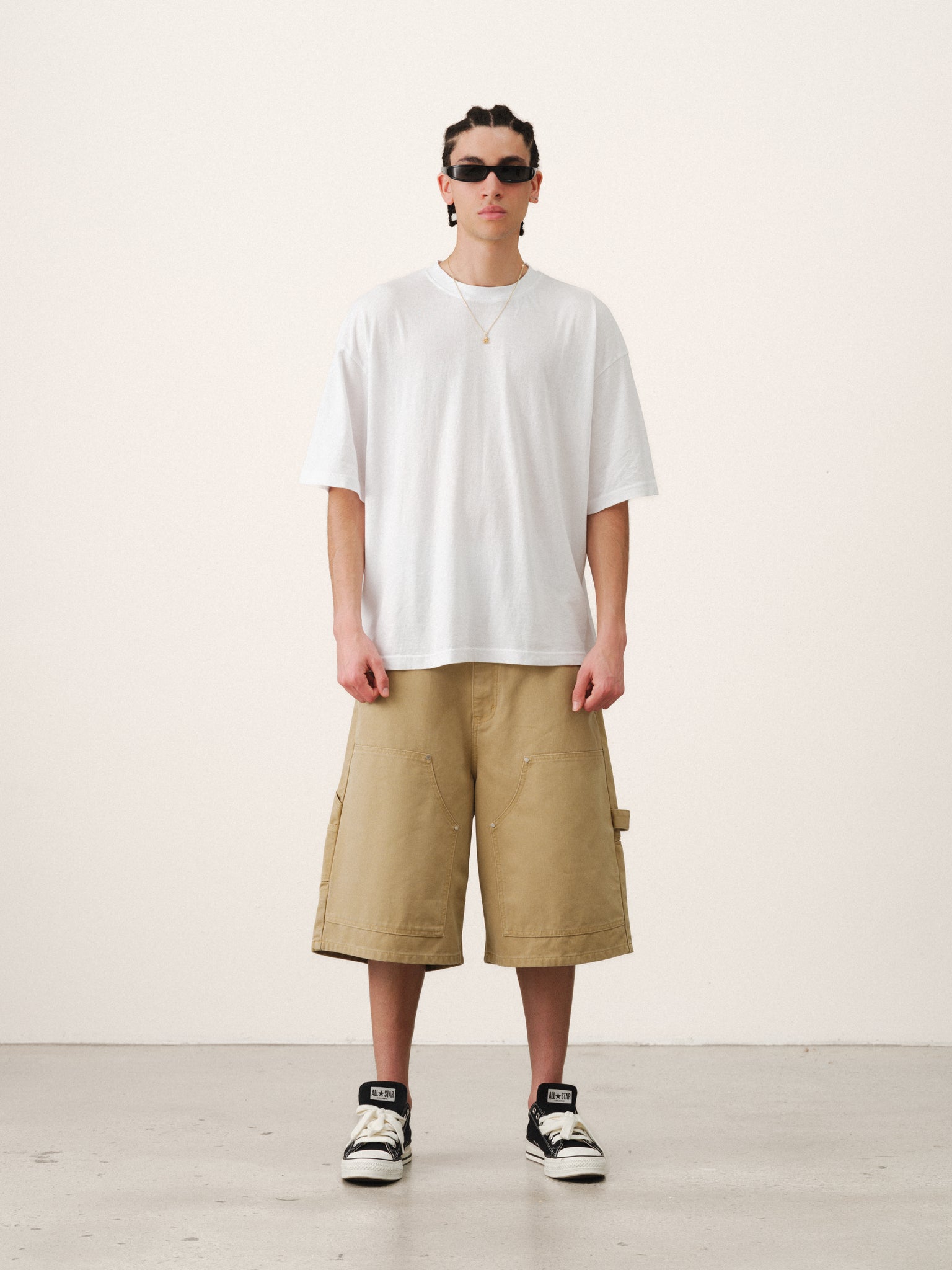 Sand-colored double knee shorts by Sweats UK, casual fit with reinforced knees, perfect for summer outdoor wear.