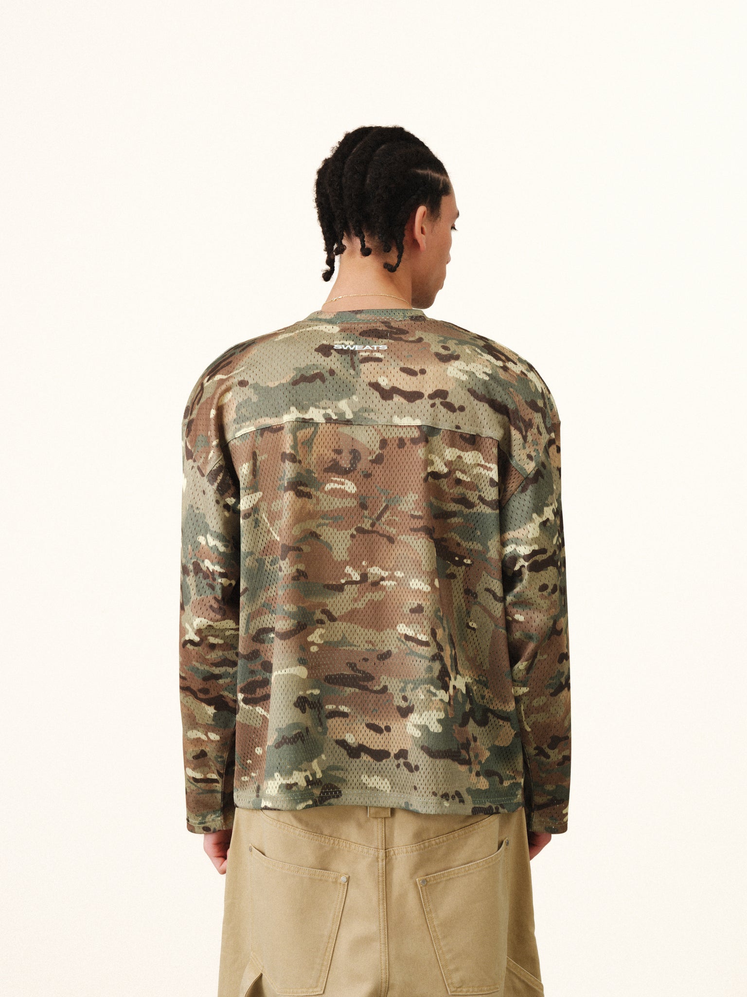 Sweats UK V2 Mesh LS T-shirt in camo, long-sleeve design with breathable mesh fabric, casual style for everyday wear.
