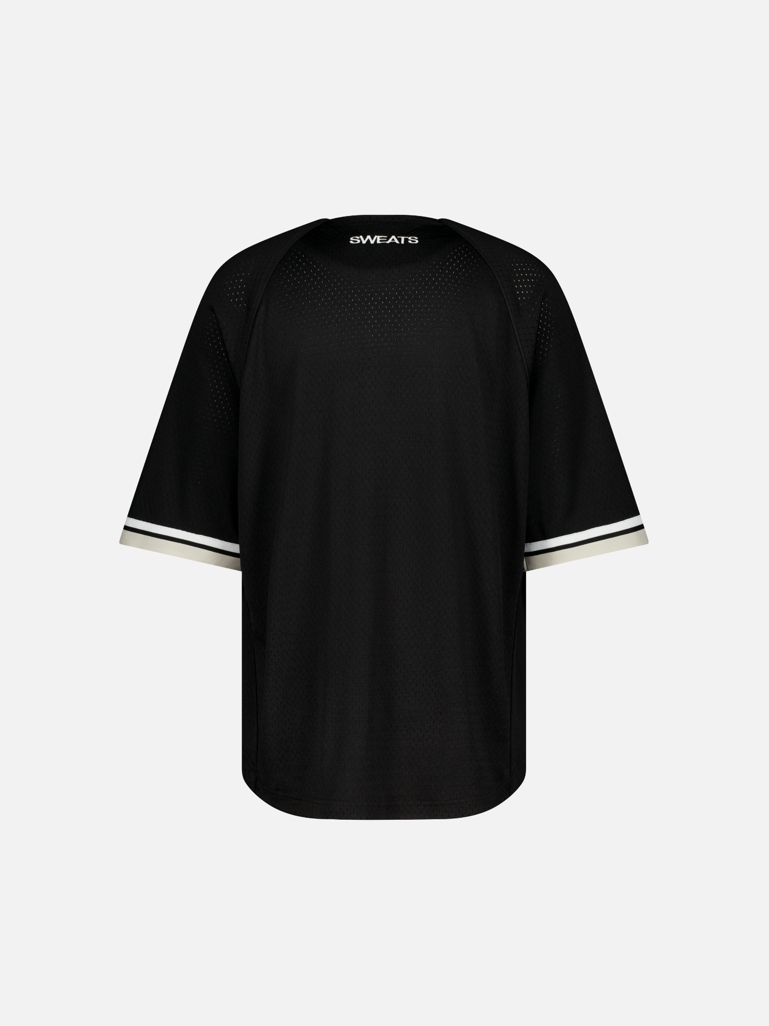 Black baseball jersey by Sweats UK with team logo and number on the back, made from lightweight, breathable fabric.