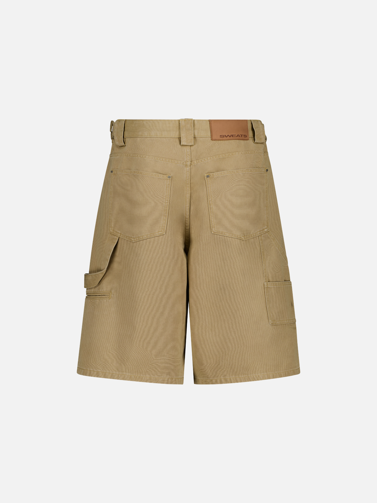 Back view of Sweats UK double knee shorts in sand color, showcasing the rugged double knee design and relaxed fit.