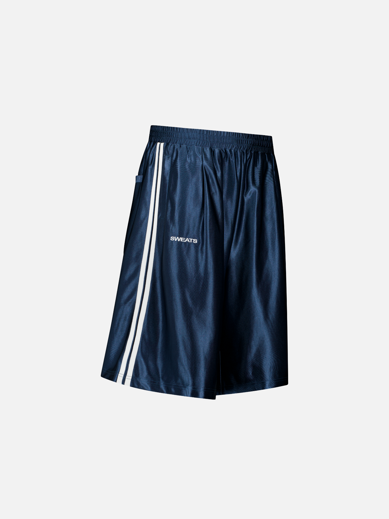 Navy league shorts by Sweats UK with side pockets and adjustable waistband, displayed flat on a white background.
