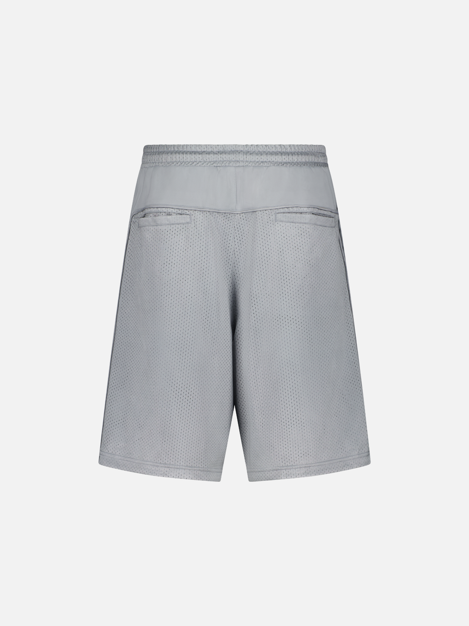 Grey mesh shorts by Sweats UK shown from the back, featuring breathable fabric and a relaxed fit for casual wear.
