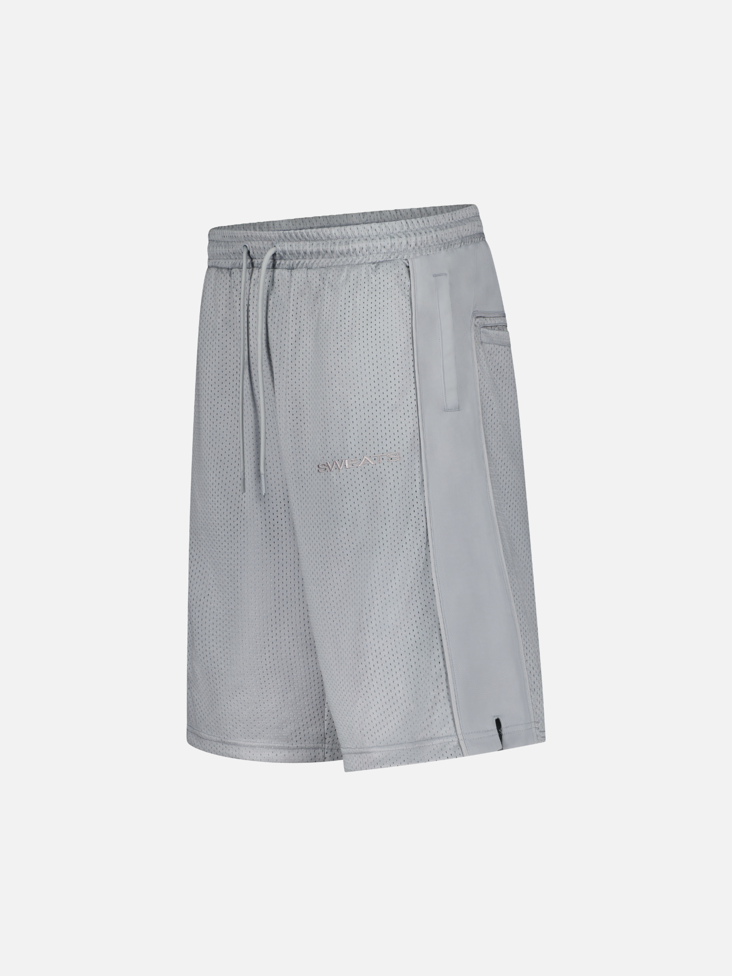 Grey mesh shorts by Sweats UK featuring breathable fabric and side pockets, ideal for athletic or casual wear.
