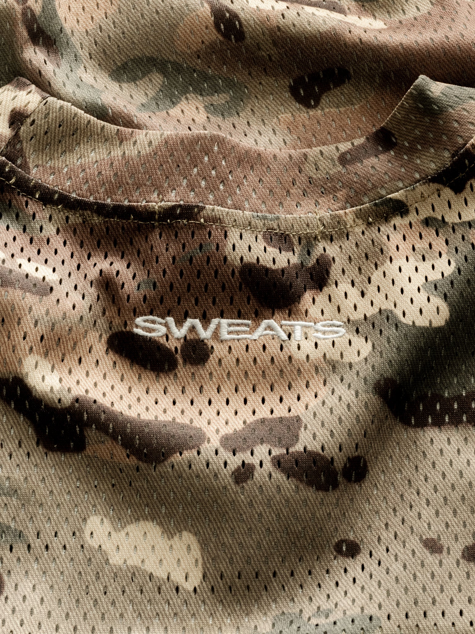 Sweats UK V2 Mesh LS T-Shirt in camouflage with long sleeves, lightweight mesh fabric, laid flat on a neutral background.