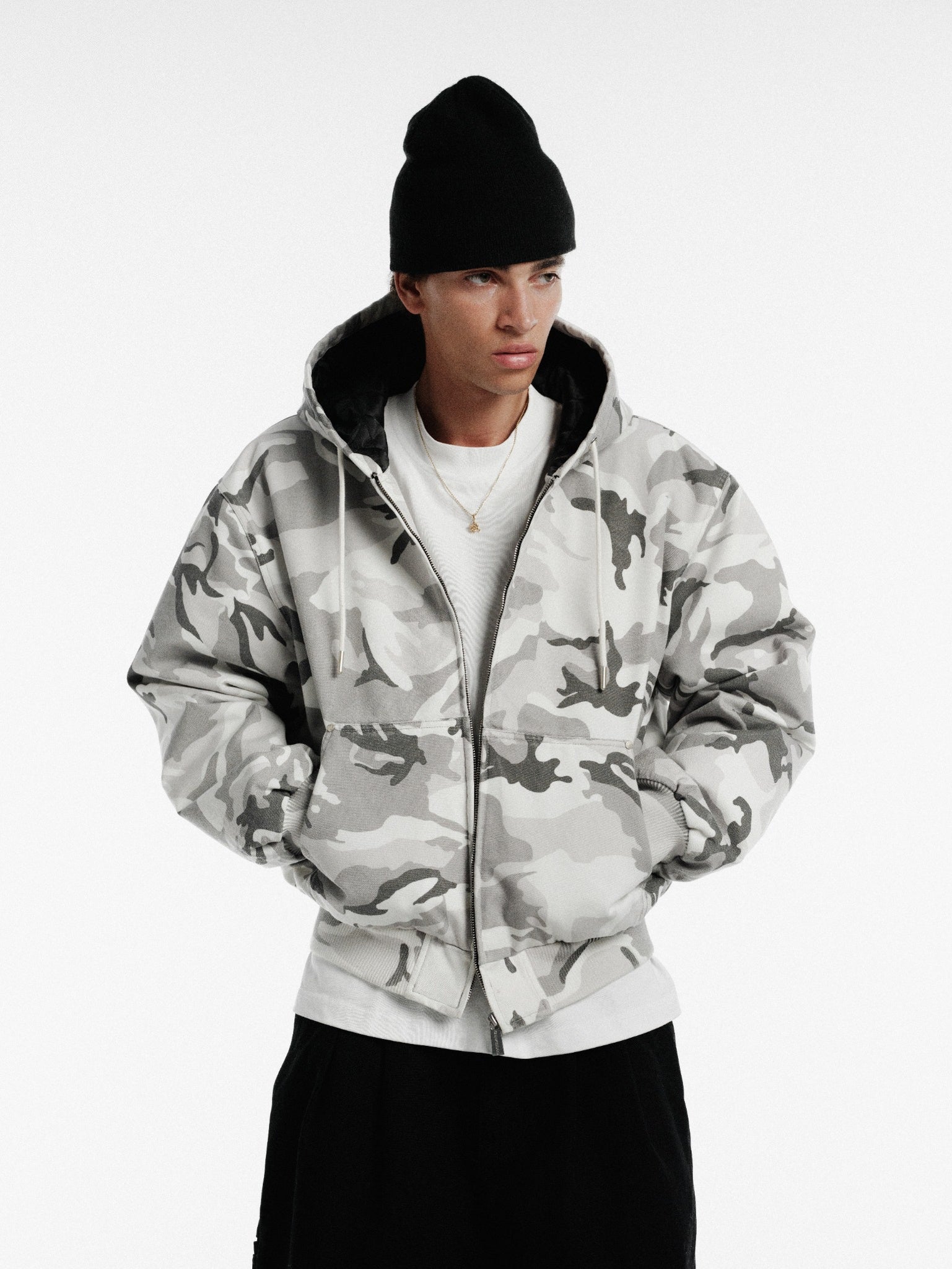 Snow camouflage workwear hoodie by Sweats UK, featuring a cozy fit and durable fabric for outdoor tasks.