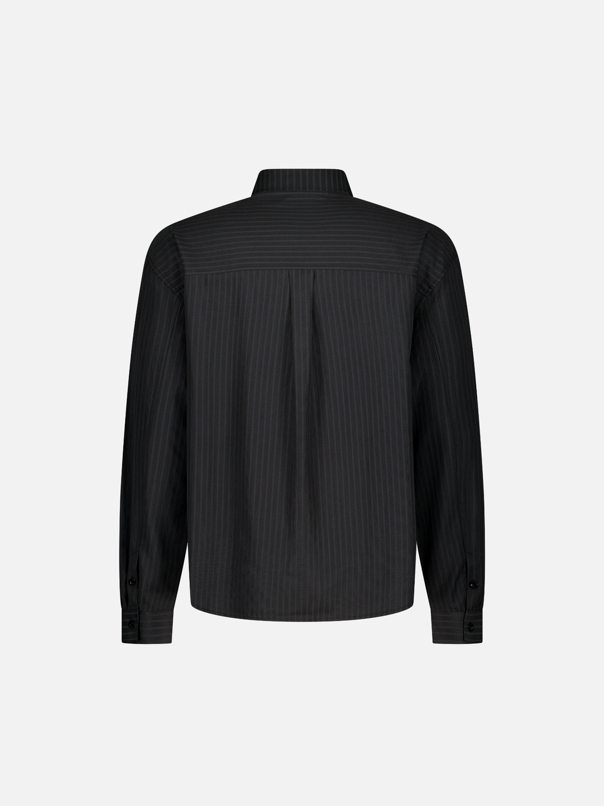 Back view of a black striped button-up shirt by Sweats UK, showing the classic collar, button front, and long sleeves.