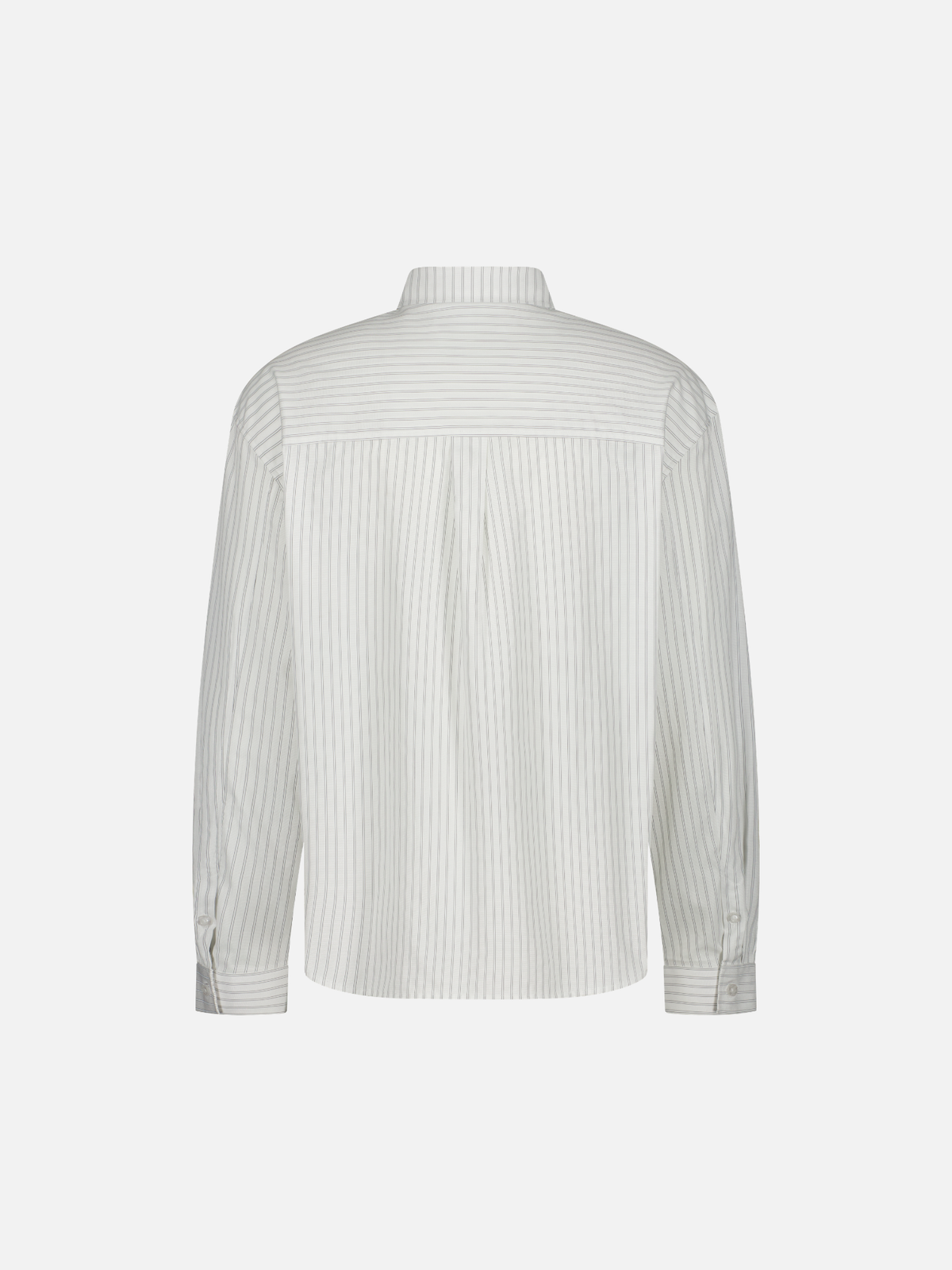 Back view of Sweats UK striped white button-up shirt with vertical navy and white stripes, long sleeves, and collar.