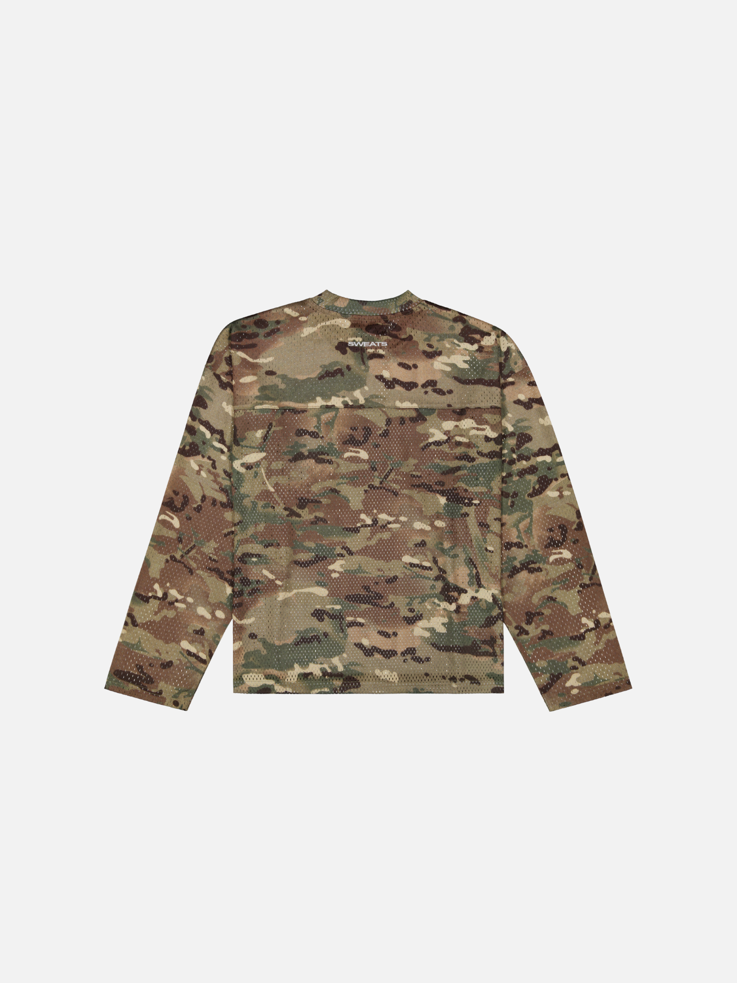 Sweats UK V2 Mesh long sleeve T-shirt in camo, showing the back view with mesh fabric and camouflage pattern.