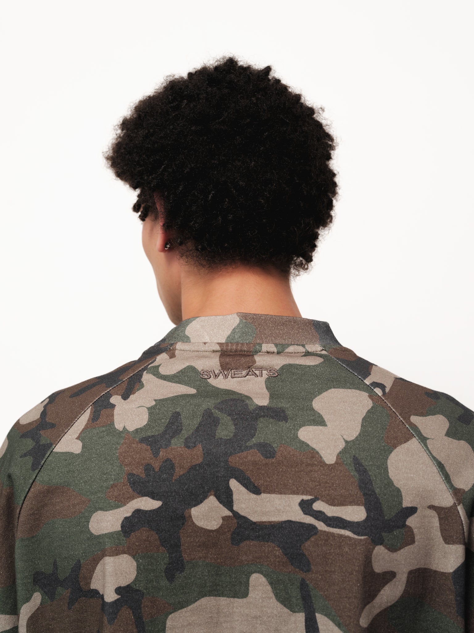 Long sleeve camo T-shirt by Sweats UK displayed on a model, featuring a stylish camouflage pattern and comfortable fit.