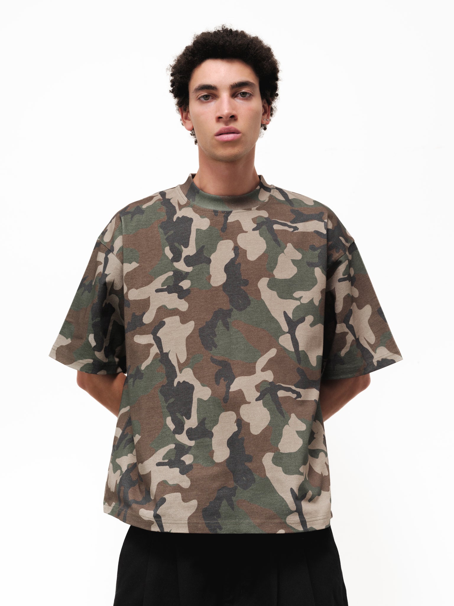 Signature blank T-shirt in camouflage by Sweats UK, shown flat with front view and classic round neckline.